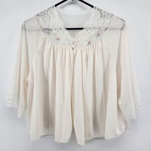 VTG Ivory‎ Lace Trim Embroidered Nightgown Topper Size M Kimono Robe